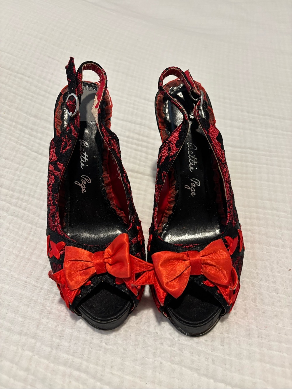 Bettie Page Red and Black Lace Peep-Toe Slingback Heels with Red Satin Bows